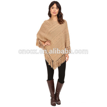 PK17ST074 poncho de cachemir tejido a cable con borlas hechas a mano